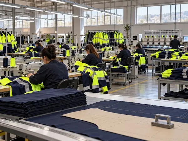 Reflektif iş montlarının dikildiği üretim hattı: dikiş makineleri, kesim masası ve nakış makinesi