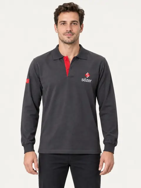 Antrasit Kırmızı Patlı Uzun Kollu Polo