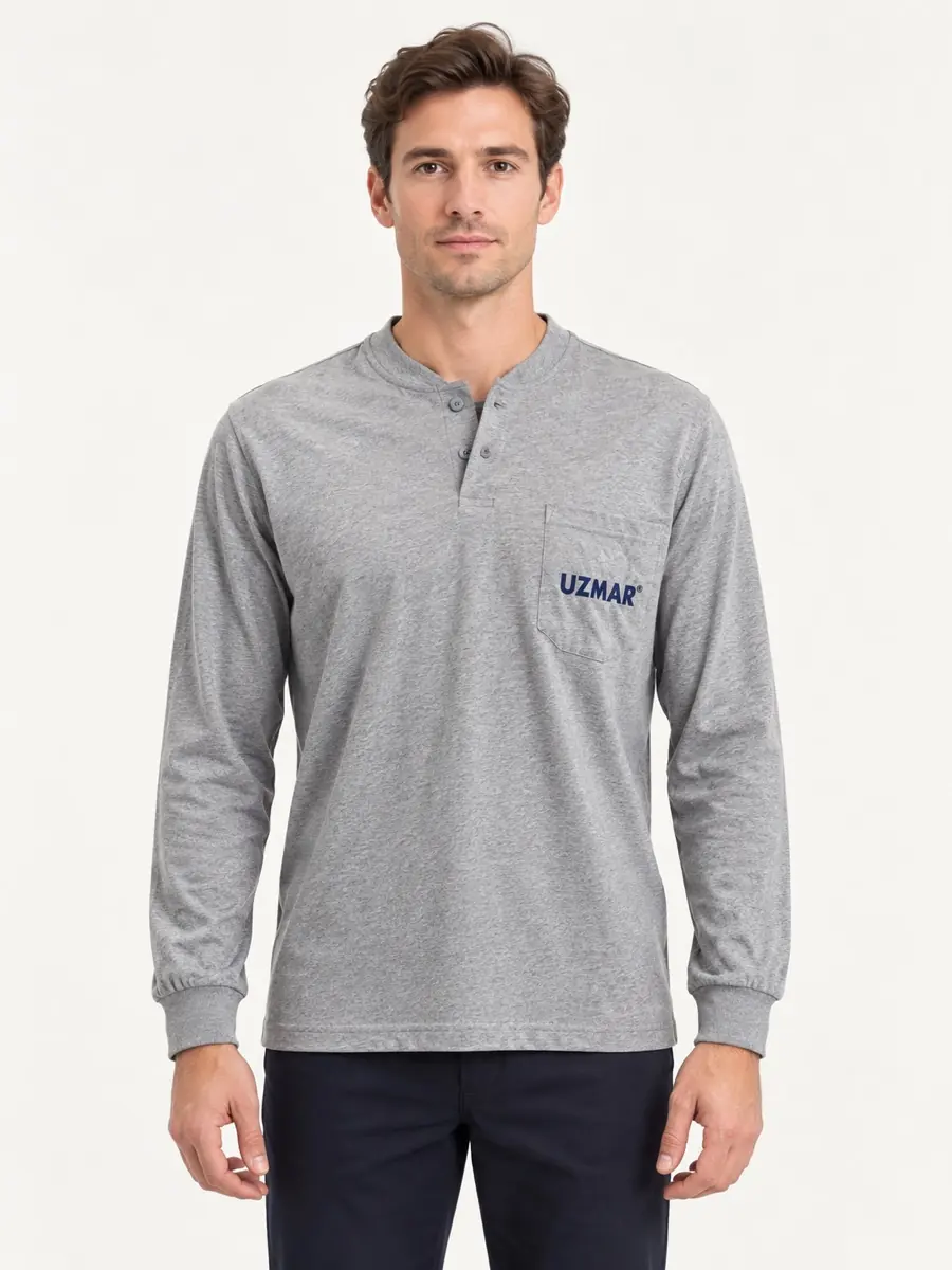 Gri Melanj Cepli Uzun Kollu Henley Tişört — Ön görünüm