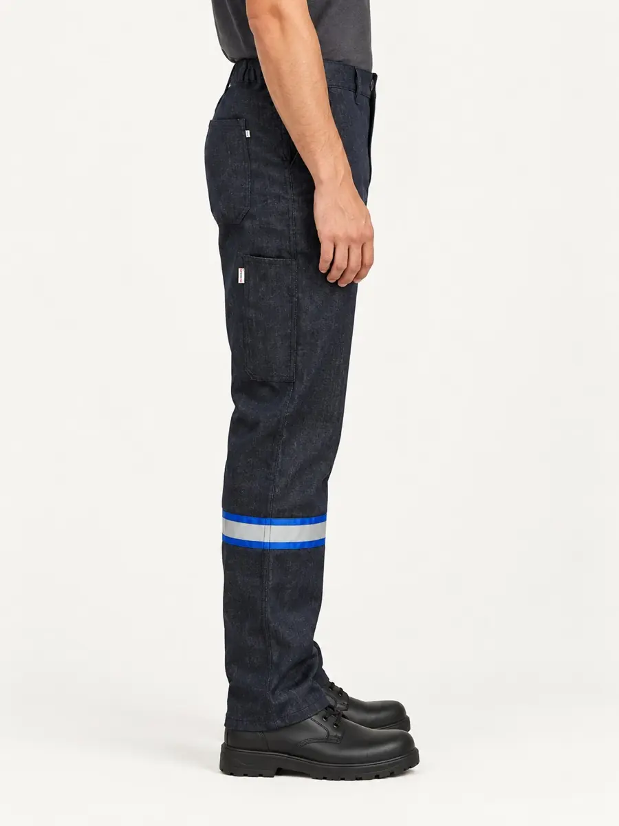 Koyu Denim Mavi Kenarlı Tek Bantlı İş Pantolonu — Yan görünüm