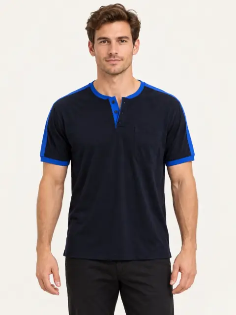 Lacivert-Saks Cepli Henley Yaka Tişört