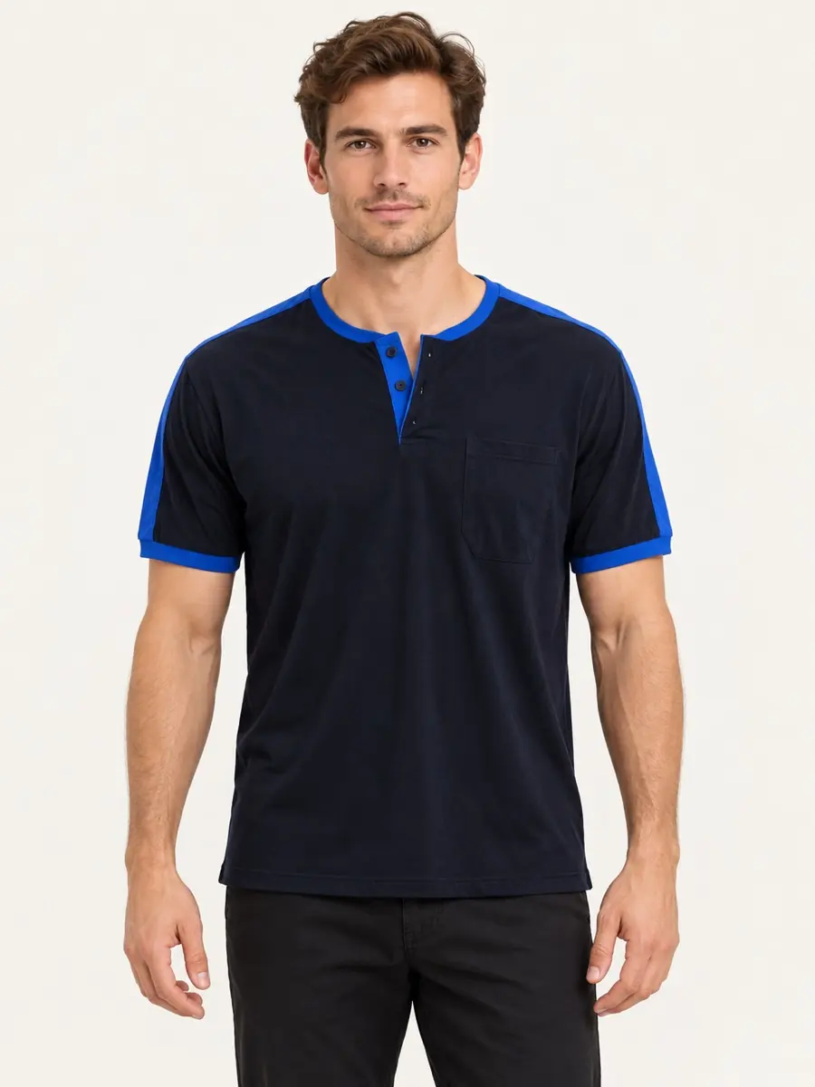 Lacivert-Saks Cepli Henley Yaka Tişört — Ön görünüm