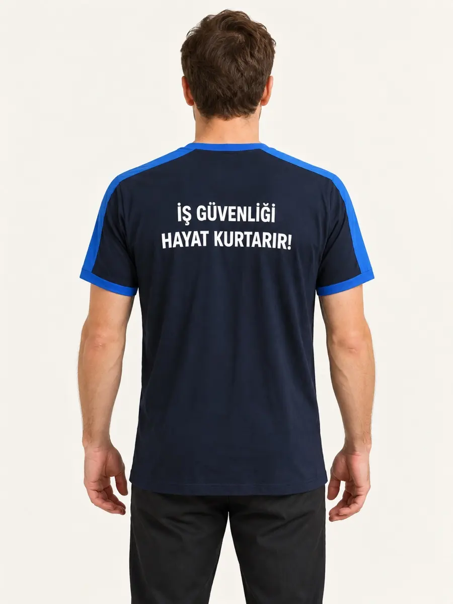 Lacivert-Saks Biyeli Henley Yaka Tişört — Arka görünüm