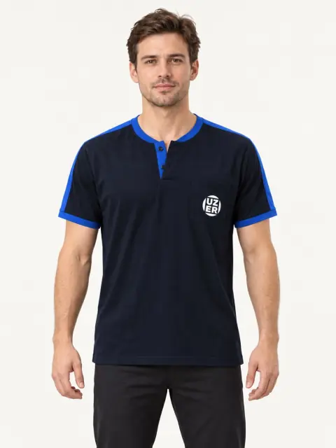 Navy Henley T-Shirt with Royal Blue Piping