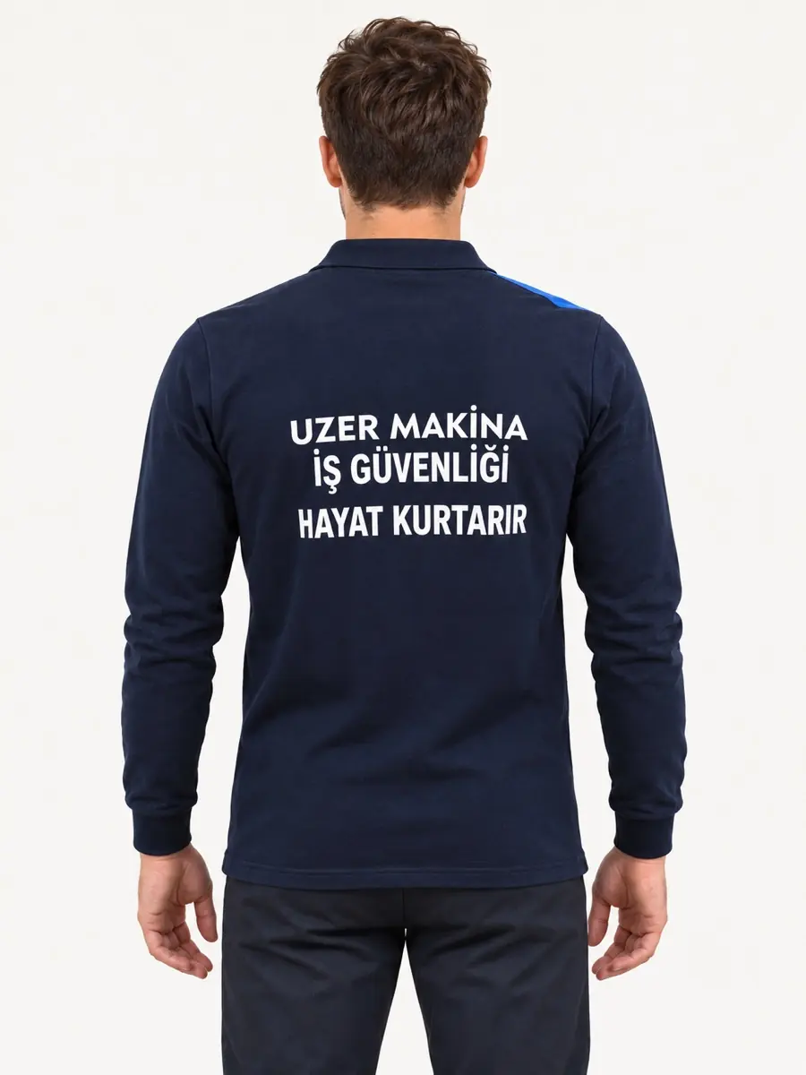 Lacivert-Saks Şeritli Uzun Kollu Polo — Arka görünüm