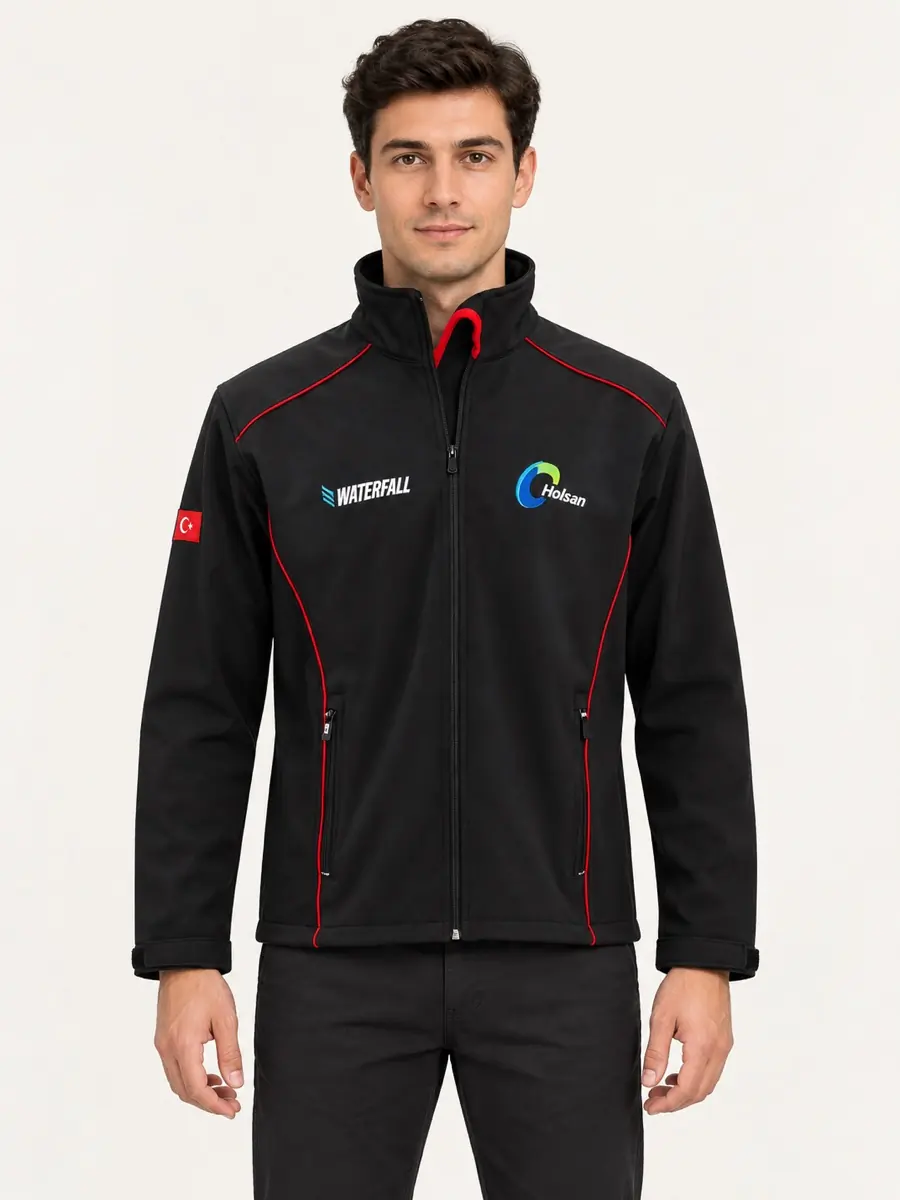 Siyah Kırmızı Biyeli Softshell Mont — Ön görünüm