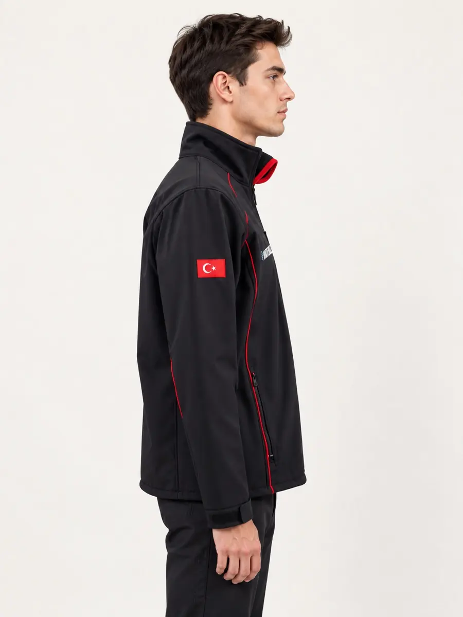 Siyah Kırmızı Biyeli Softshell Mont — Yan görünüm