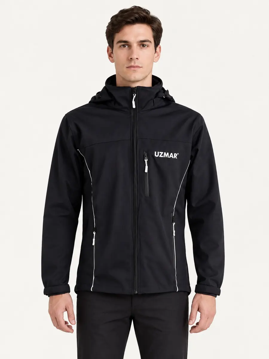 Siyah Kapüşonlu Softshell Mont — Ön görünüm