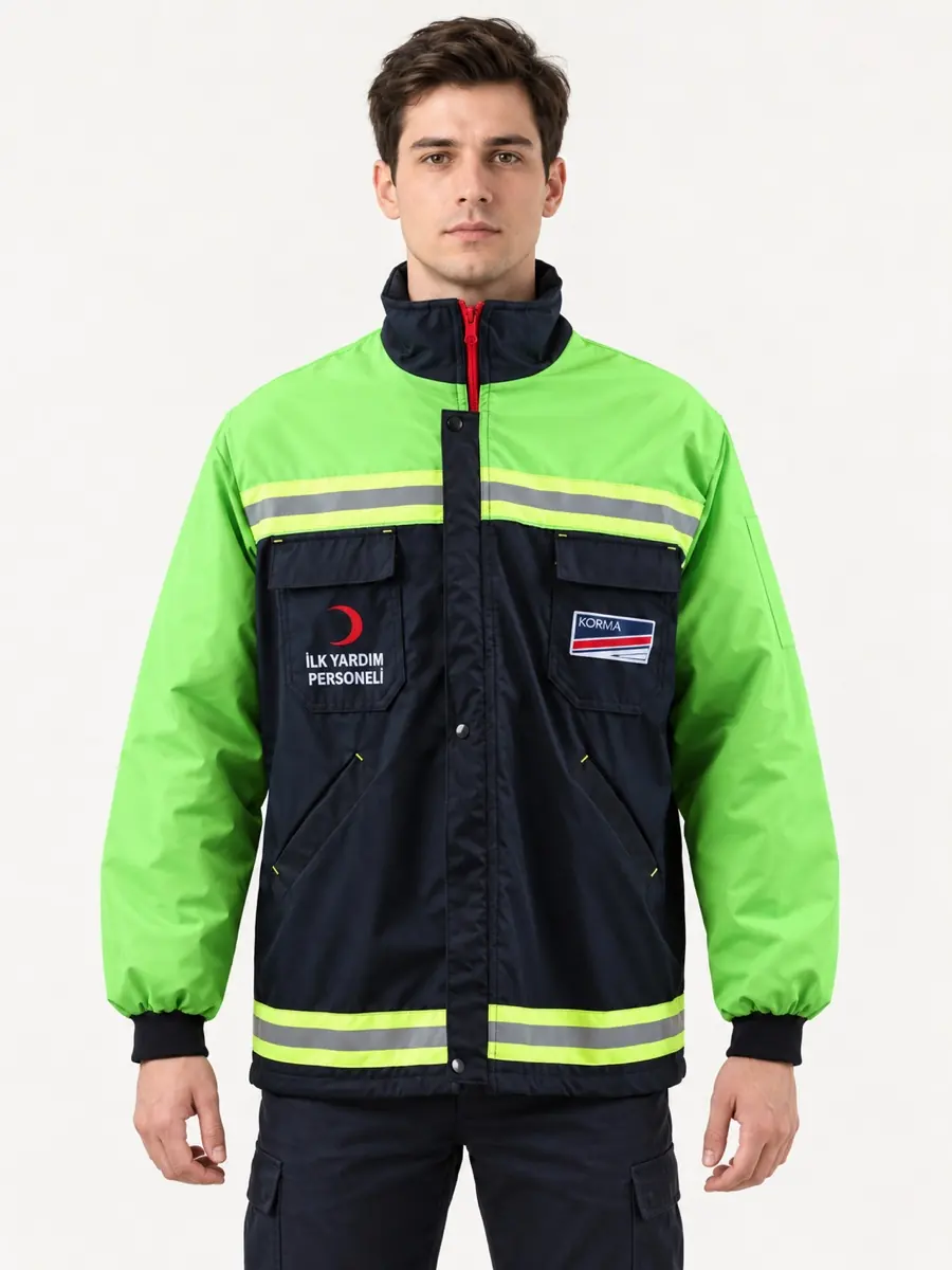 Yeşil-Lacivert Reflektif Mont — Ön görünüm
